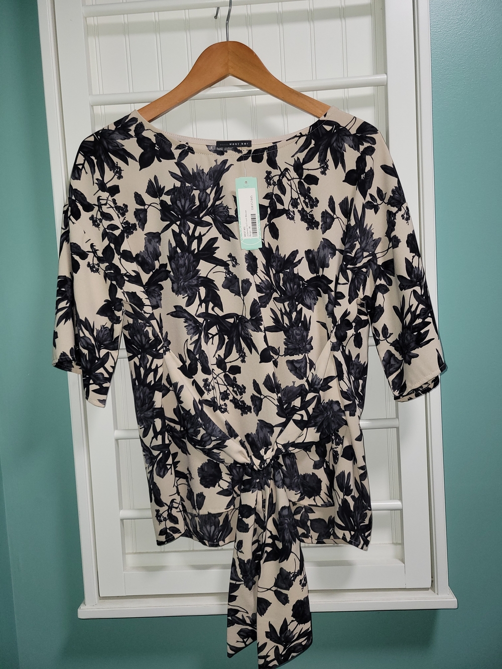 West Kei Cream Blouse with Black Floral Print and Front Tie Size Medium